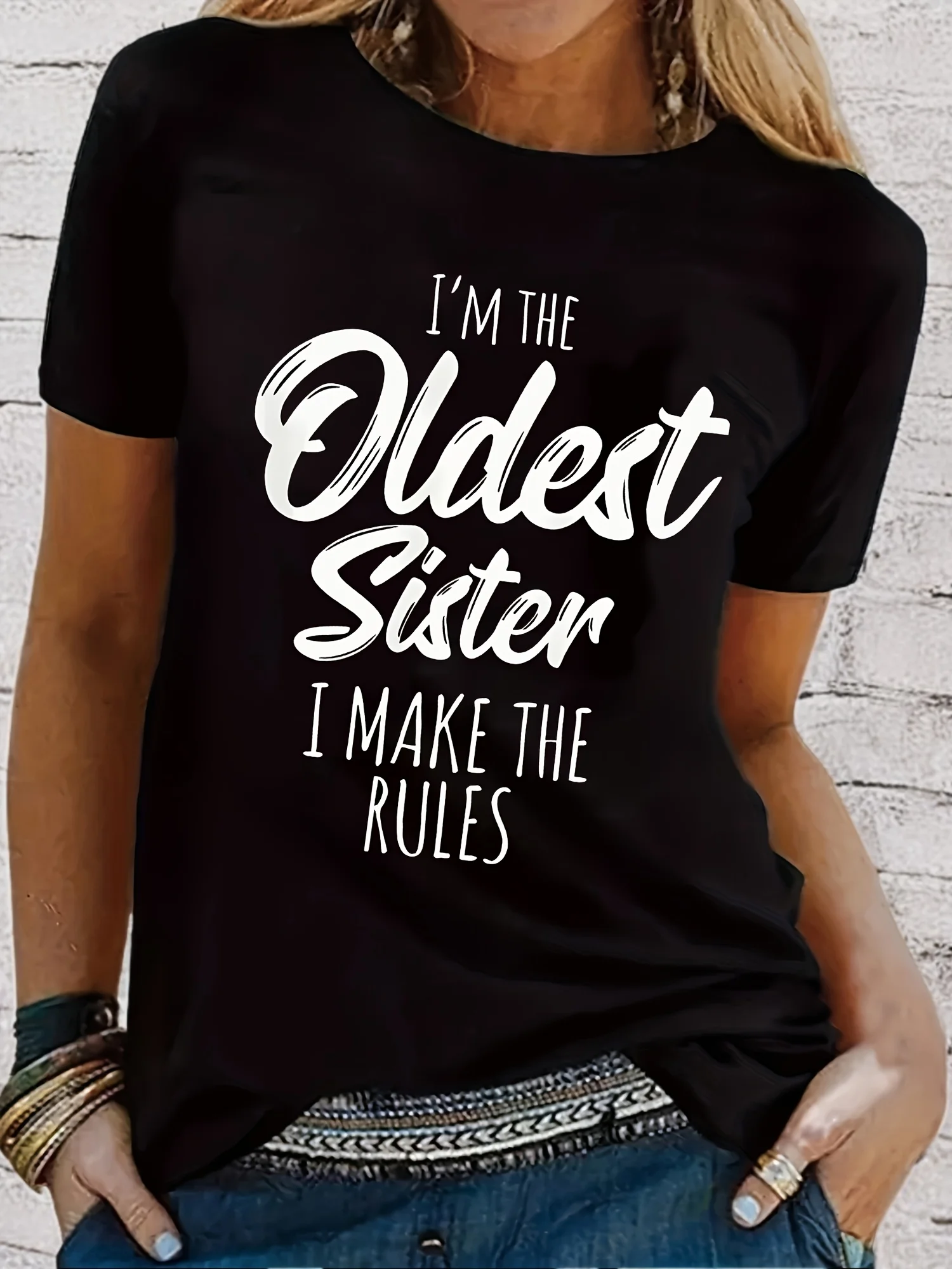 Oldest Sister Letter Print T-shirt, Casual Crew Neck Short Sleeve Top For Spring & Summer, Women's Clothing