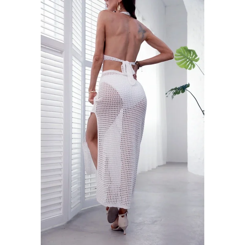 トレンドのホリデービーチカバーアップ、レディースホローアウトVネックホルターバックレスバンデージスリットロングドレス、プールパーティーセクシービキニカバーアップ