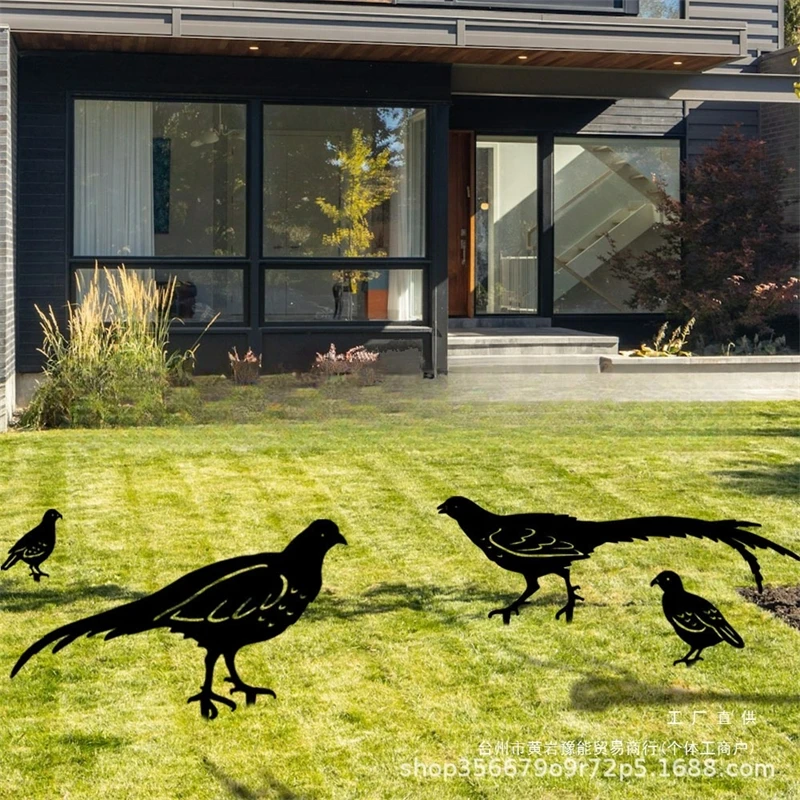 

Iron Art Animal Silhouette Garden Decor Set Bird Chicken Sculpture Outdoor Waterproof Figurines Modern Yard Stake Lawn Ornament
