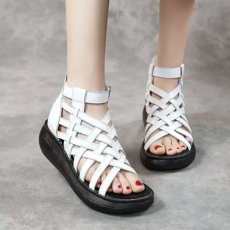 

Women Genuine Leather Woven Wedges Peep Toe Ankle Boots Summer New Thick Sole High Top Hollow Out Lightweight High Top Cool Boot