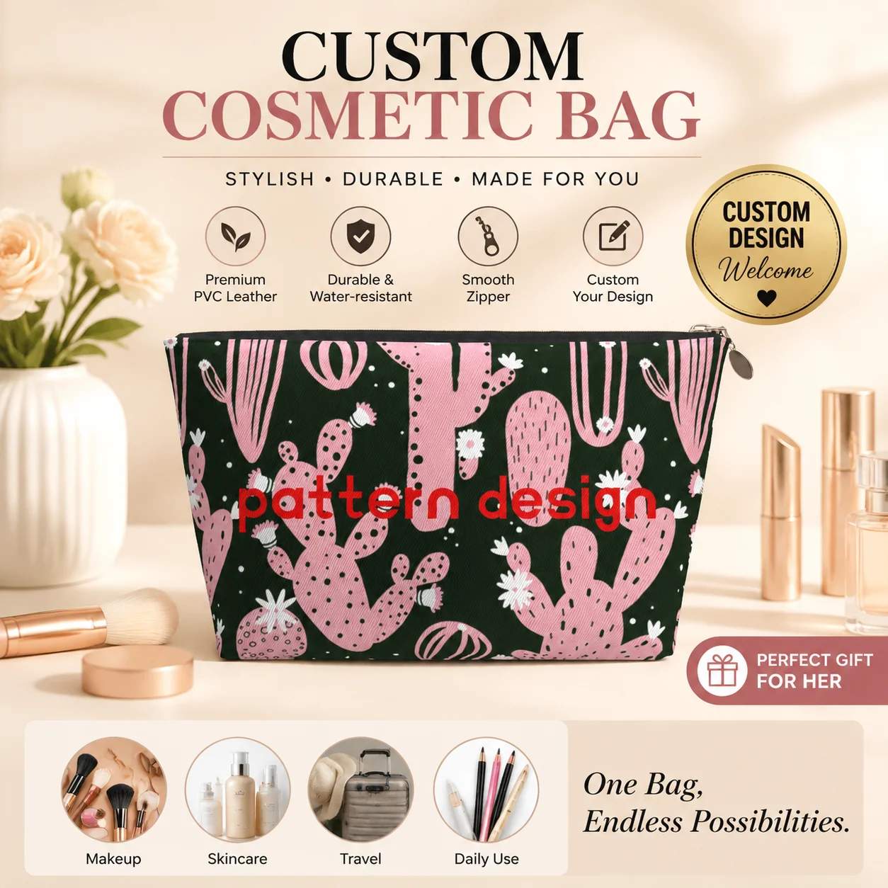 Large Capacity PVC Leather Cosmetic Bag Custom Print Makeup Brushes Holder Portable Women Vanity Storage Pouch Luxury Box