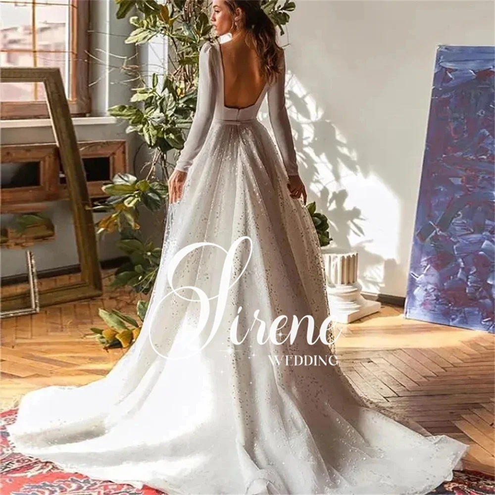 Sirene Spitze Tüll Pailletten Falte Brautkleid Langarm Vierkant ausschnitt A-Linie rücken freies Brautkleid für Frauen 2024 vestido de novia