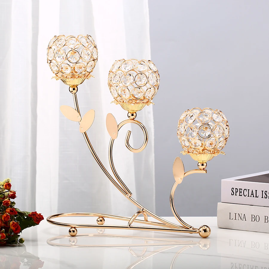1pc 3 Arms Golden Metal Candle Holder Votive Candle Holder Candelabra Flower Vase, Vintage Candlestick for Table Centerpiece