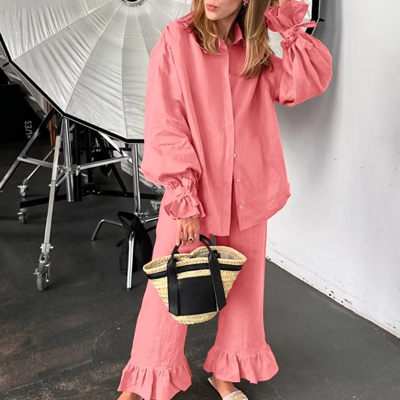 

Tuularose Autumn Pant Sets Fashion Ruffle Shirt Top Casual Trouser Set Womens Chic Office Lady High Street Fashion New Pant Sets