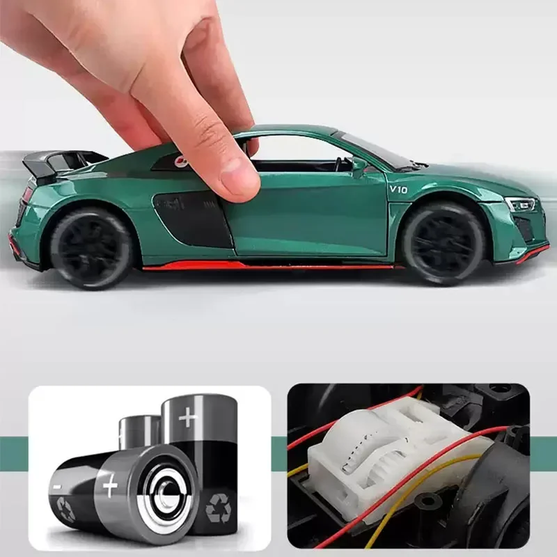 1:24 AUDI R8 V10 Plus Car Model Alloy Sports Diecasts Metal Toy Car Model High Simulation Sound Light Collection Kids Toys Gifts