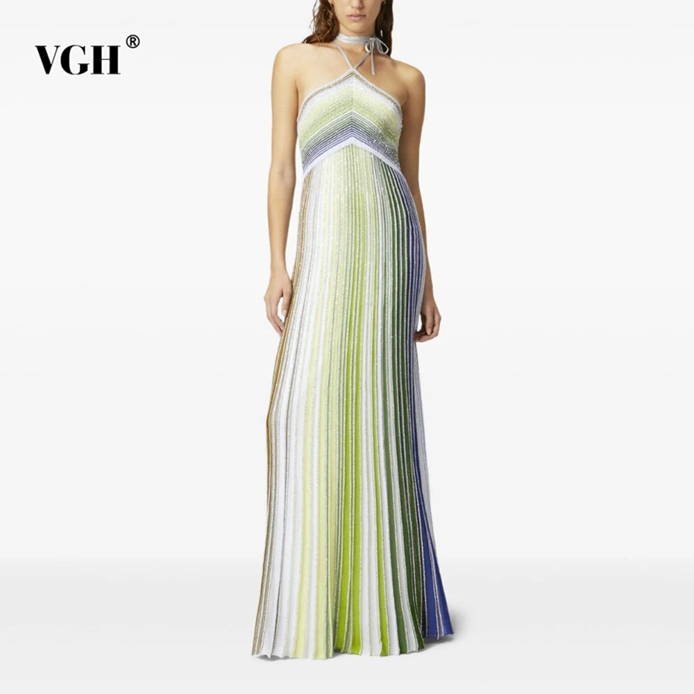 

VGH Sexy Designer Hit Color Long Dresses For Women Camisole Sleeveless Backless High Waist Elegant Spring Dress Female Fashin