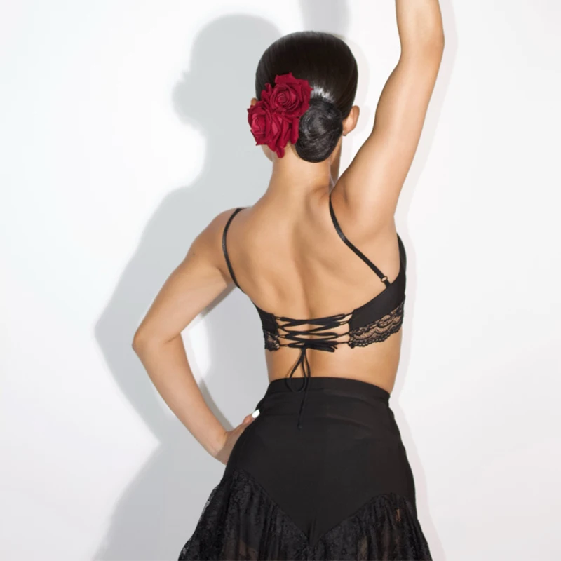 Vêtements de danse latine pour femmes, soutien-gorge en dentelle noire, hauts courts, jupe Sexy pour adultes Rumba Samba Cha Cha, Costume de spectacle de danse 2 pièces DNV24499