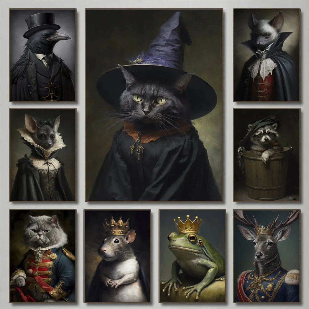 Dark Academia Gothic Animals Raven/Bat/Rat King/Cat Witch Poster Canvas Painting Wall Art Pictures Halloween Home Decor