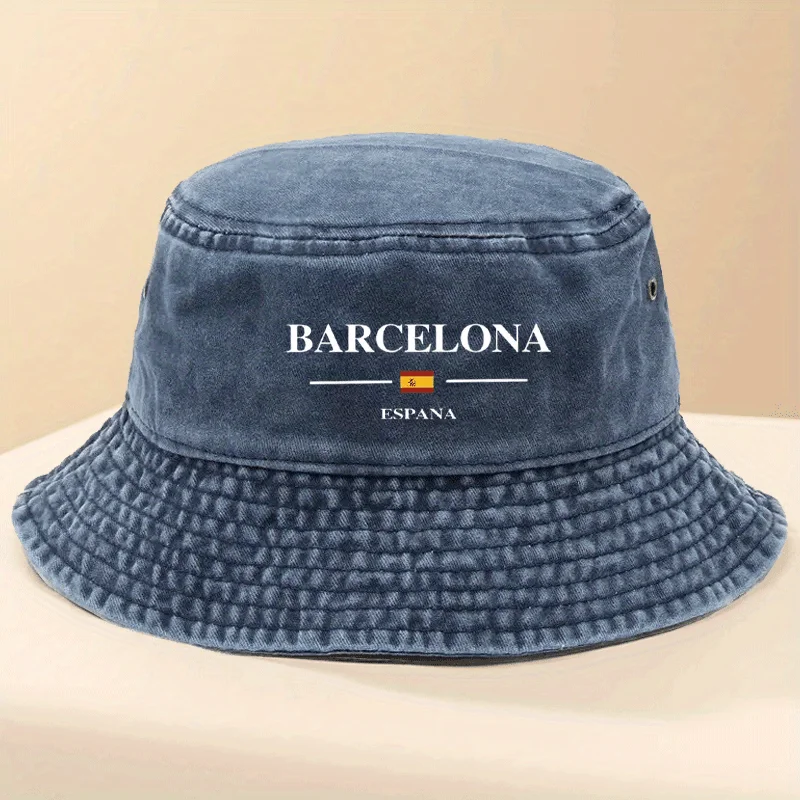 Adjustable Bucket Hat with Barcelona Spain Letters and Flag Print | Fashionable Outdoor Fishing Hat, Lightweight, Hand Washable