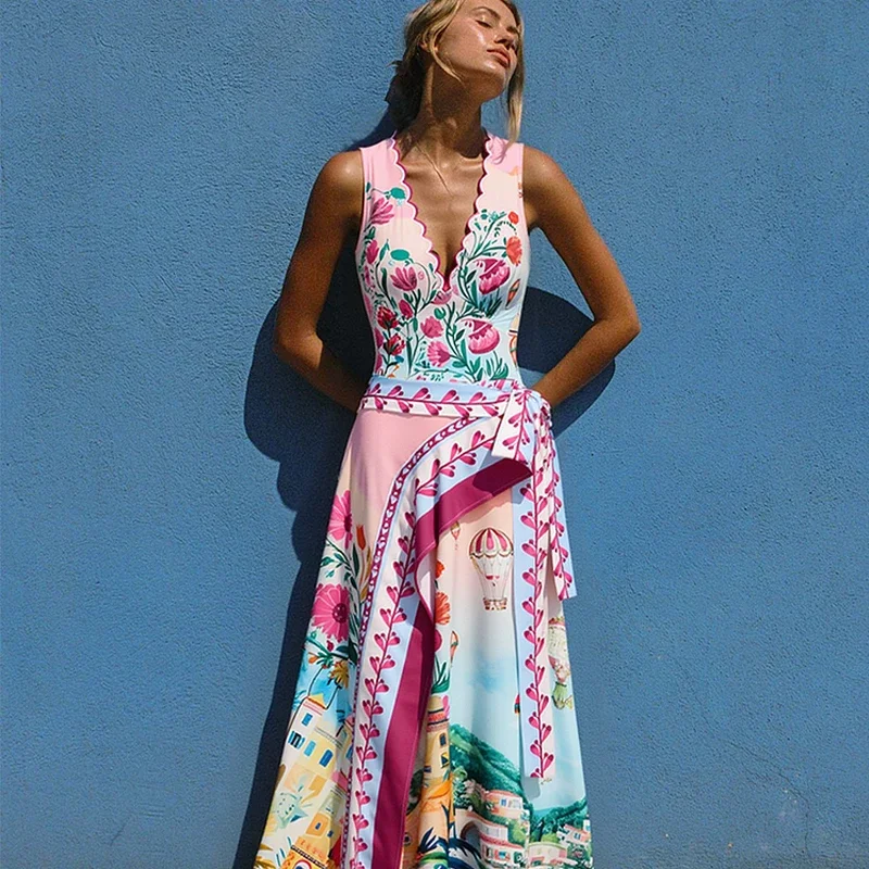 Damski strój kąpielowy i spódniczka, seksowny jednoczęściowy strój kąpielowy z nadrukiem, dekolt w serek, monokini, letni strój plażowy z odkrytymi plecami, wyszczuplający kostium kąpielowy.