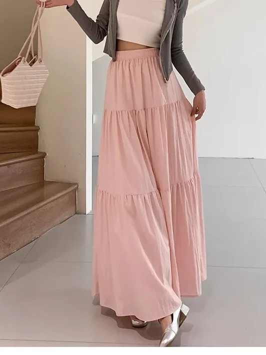 Taille haute ample Laidba Sle f jupe décontracté couleur Pure a-ligne jupe pour les jeunes femmes confortable taille élastique conception