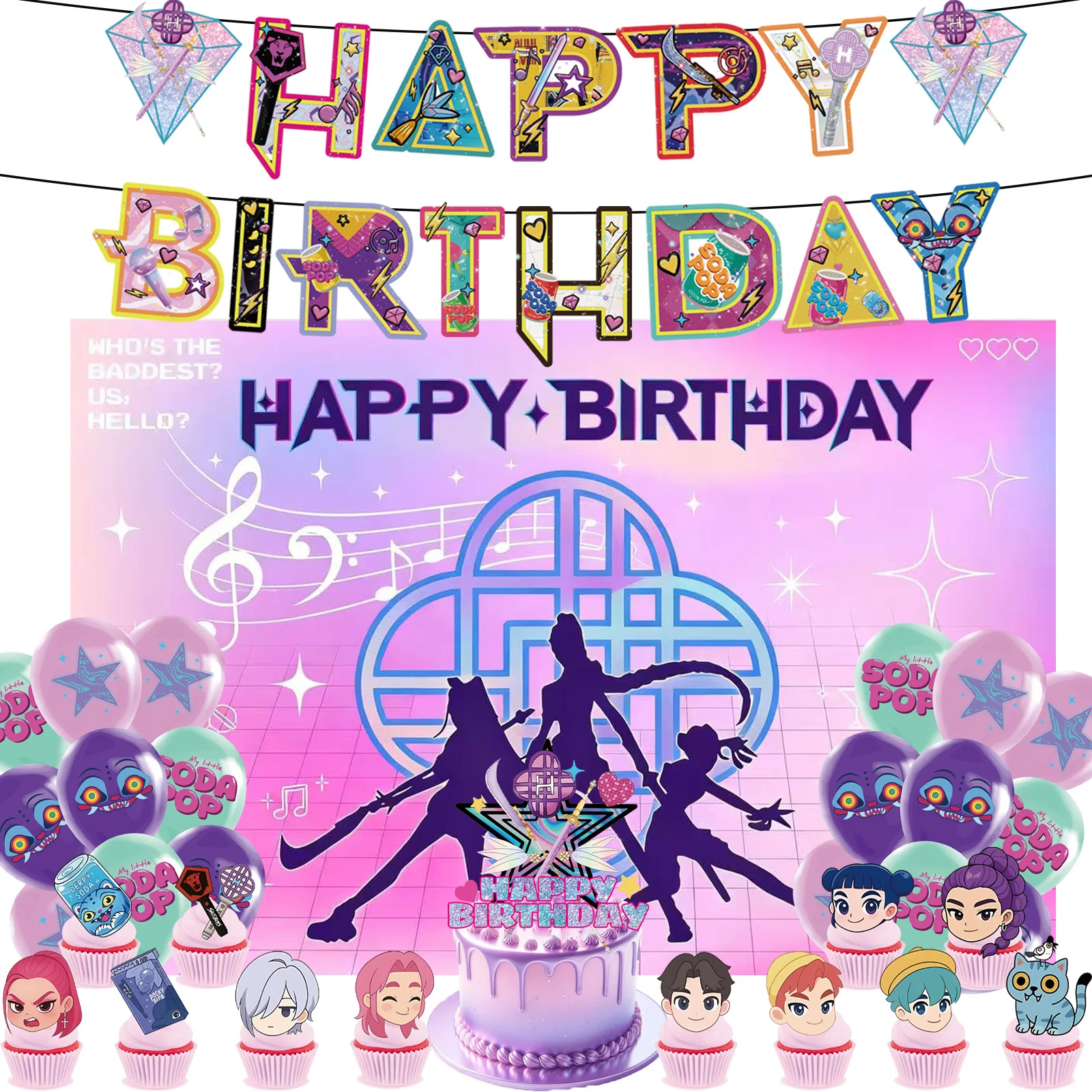 ك البوب شيطان الصيادين موضوع حفلة عيد ميلاد خلفية راية كعكة توبر بالونات استحمام الطفل للأطفال حفلة عيد ميلاد المورد هدية