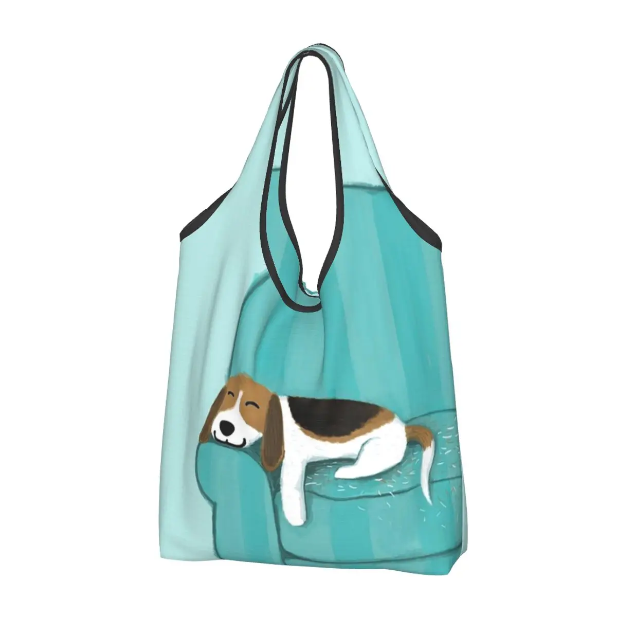 Happy Couch Dog Cute Beagle Portable Tote Shopping Bags Reusable Shopper Bag Groceries Handbag Shoulder Bag