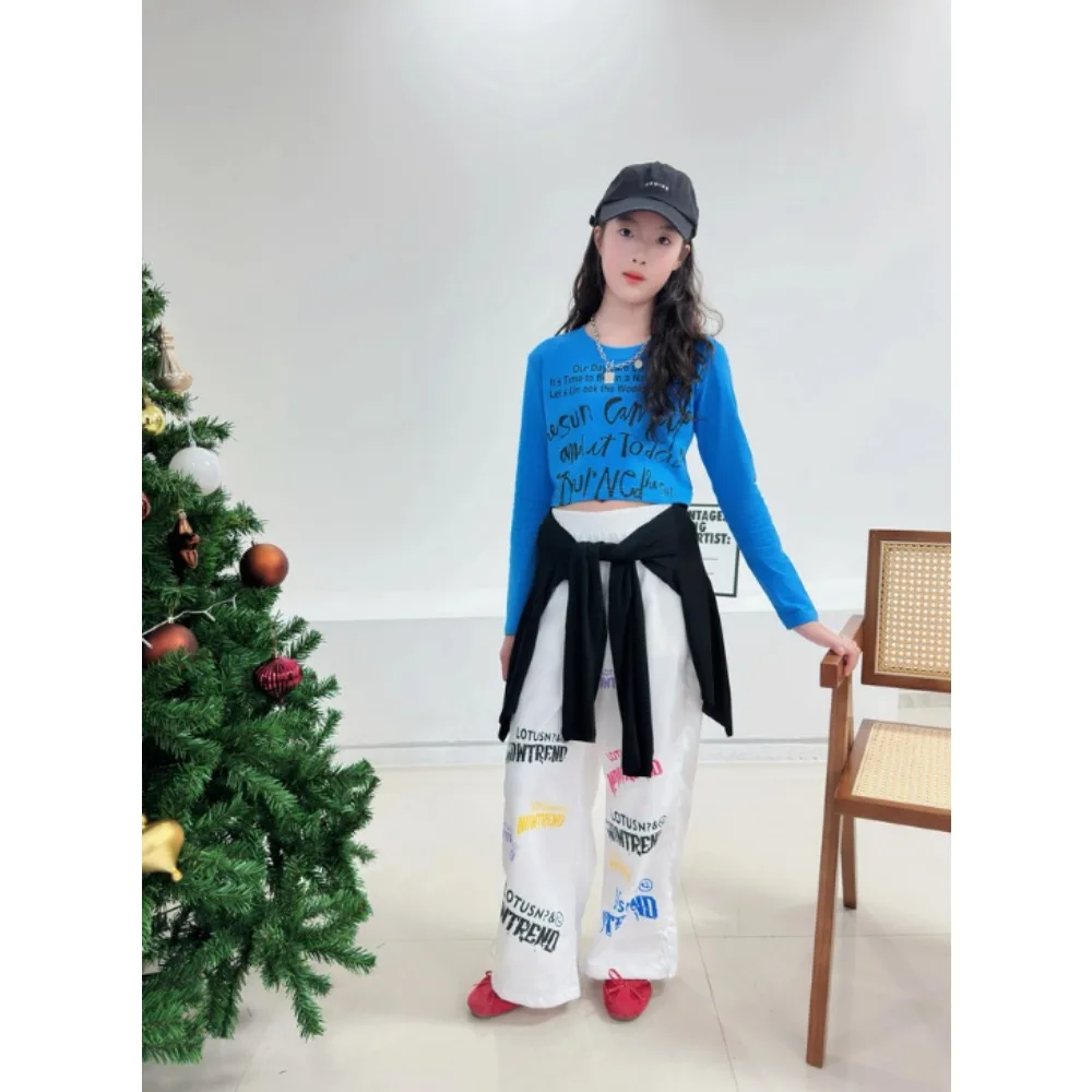 Conjunto de 2 Piezas para Niña, Estilo Kpop Hip Hop, Top Corto con Estampado de Letras de Rosa, Camiseta de Manga Larga, Pantalones Casuales con Dobladillo Ajustable, Traje para Baile Urbano