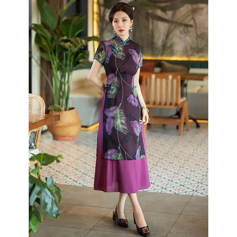 Chinese Traditional Women Qipao Dress Purple Print Short Sleeved Stand Up Collar Improves Modern Cheongsam Elegant Evening Dress