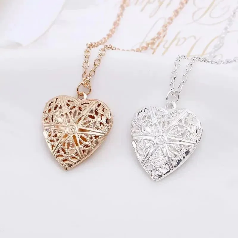 Fashion Heart Pendant Necklaces for Women Hollow Out Romantic Photo Frame Charms Chain Necklace Golden Silver Color Jewelry