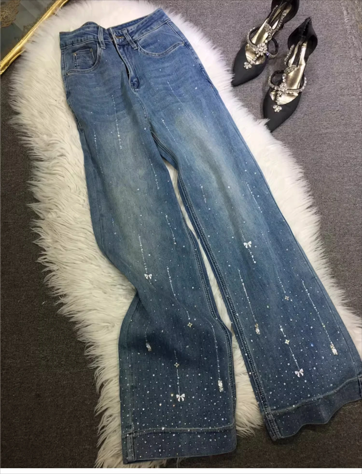 Jean droit taille haute en coton bleu clair pour fille, pantalon élastique à jambes larges, diamant chaud, industrie lourde américaine, nouvelle collection printemps été