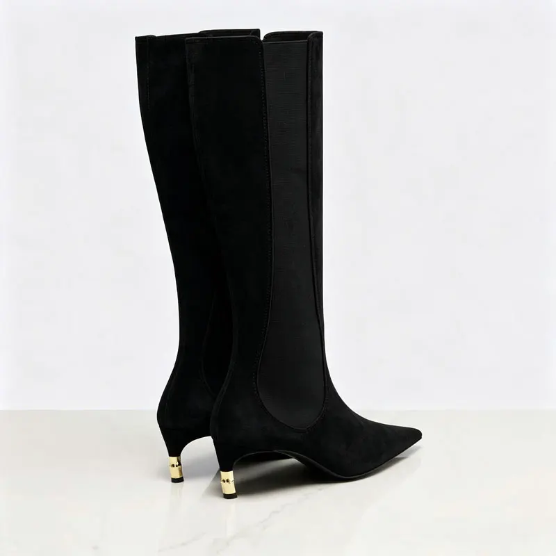 Women's New Knee High Boots with Pointed Kitten Heel and Stretch Fabric for Autumn and Winter Party Fashion, Mid Length Boots