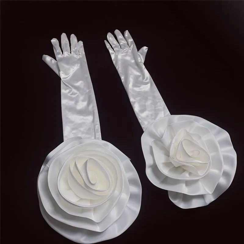 Women's Elegant White Flower Long Satin Glove Female Spring Autumn Vintage Driving Photograph Performance Glove R1692