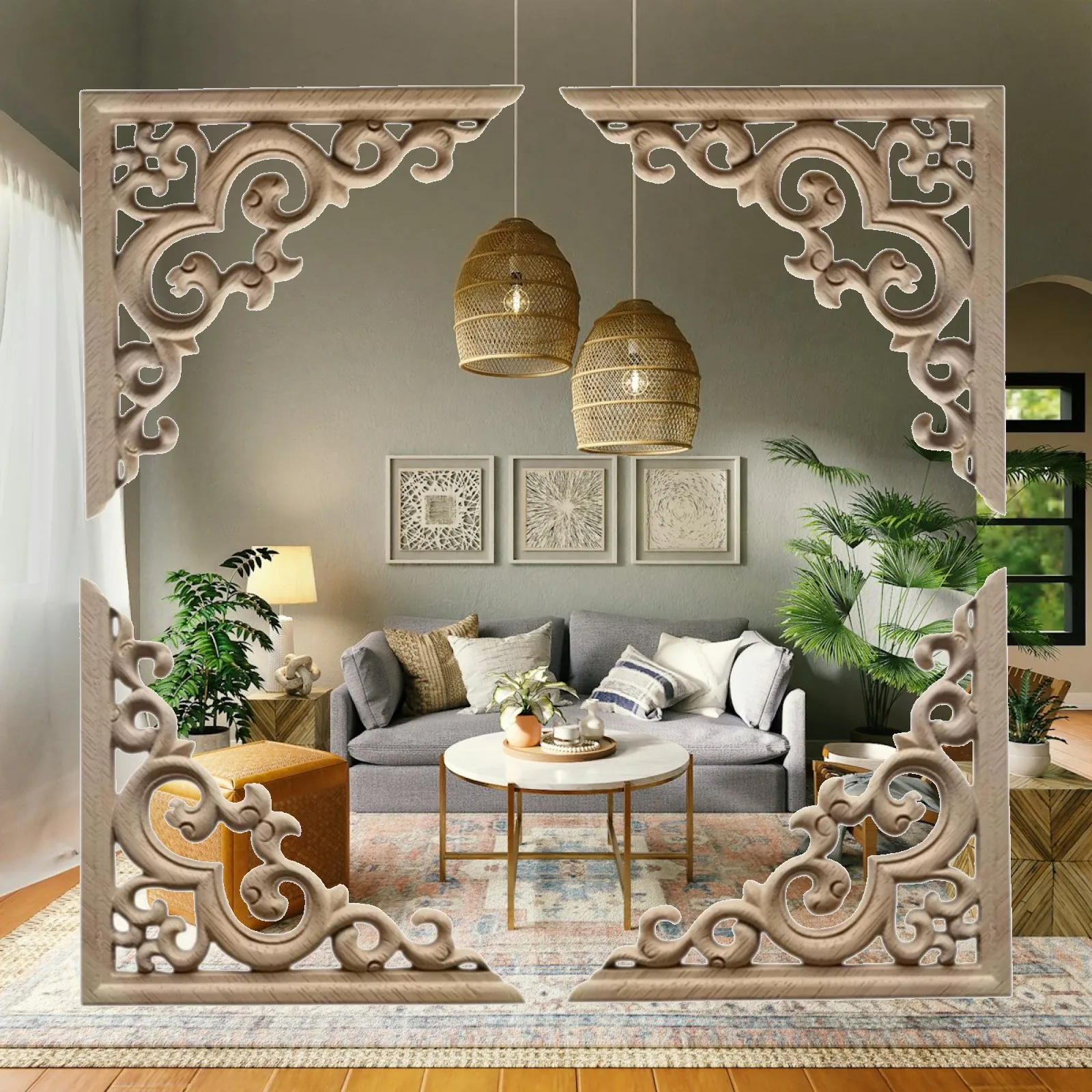 Wood Carved Appliques Vintage Corner Onlays DIY Rubberwood Decal for Dresser Wardrobe Home Decor