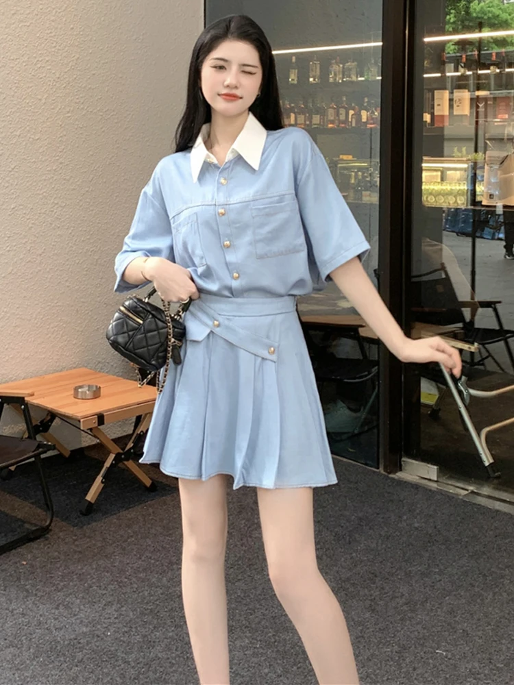 Preppy Style Large Size Women's Summer Suit Contrast Collar Single Breasted Shirt + Elastic Waist Pleated Skirt Two Piece Set