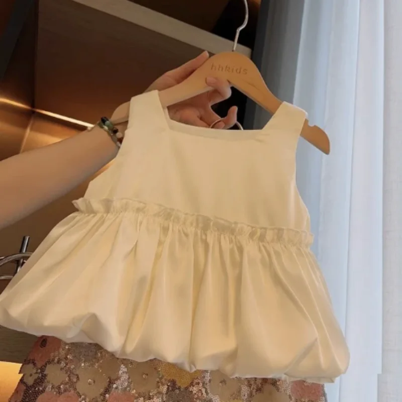 Childrens Sets Girl Summer New Baby Causal Vest Short Sleeve Two Pieces Glitter Skirt 2024 Sweet Fashion Flower Simple