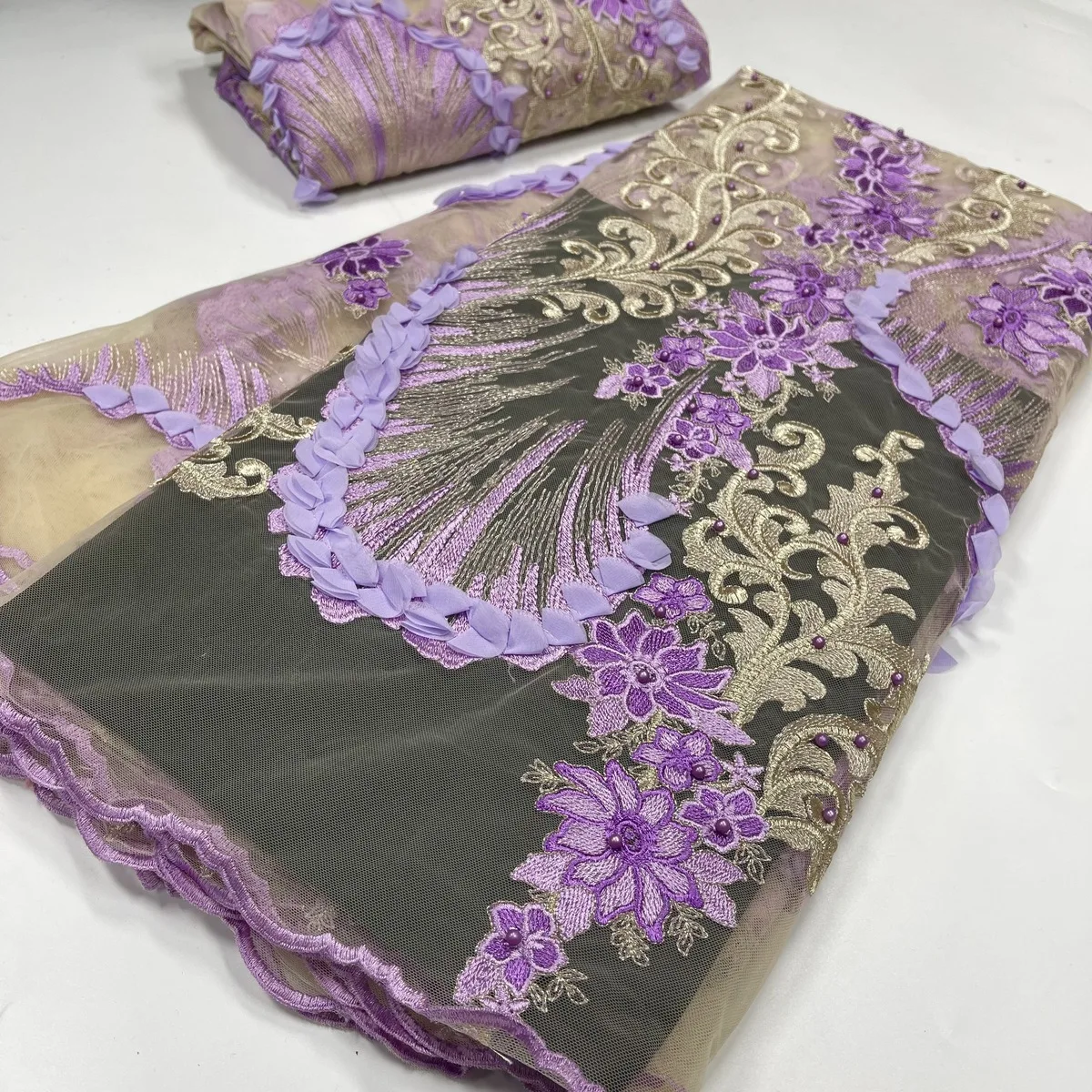 

2022 Latest Purple 3D Flowers Lace Fabric French Lace Fabric With Beads African Lace Fabric Swiss Voile Nigerian Fabric KJY21107