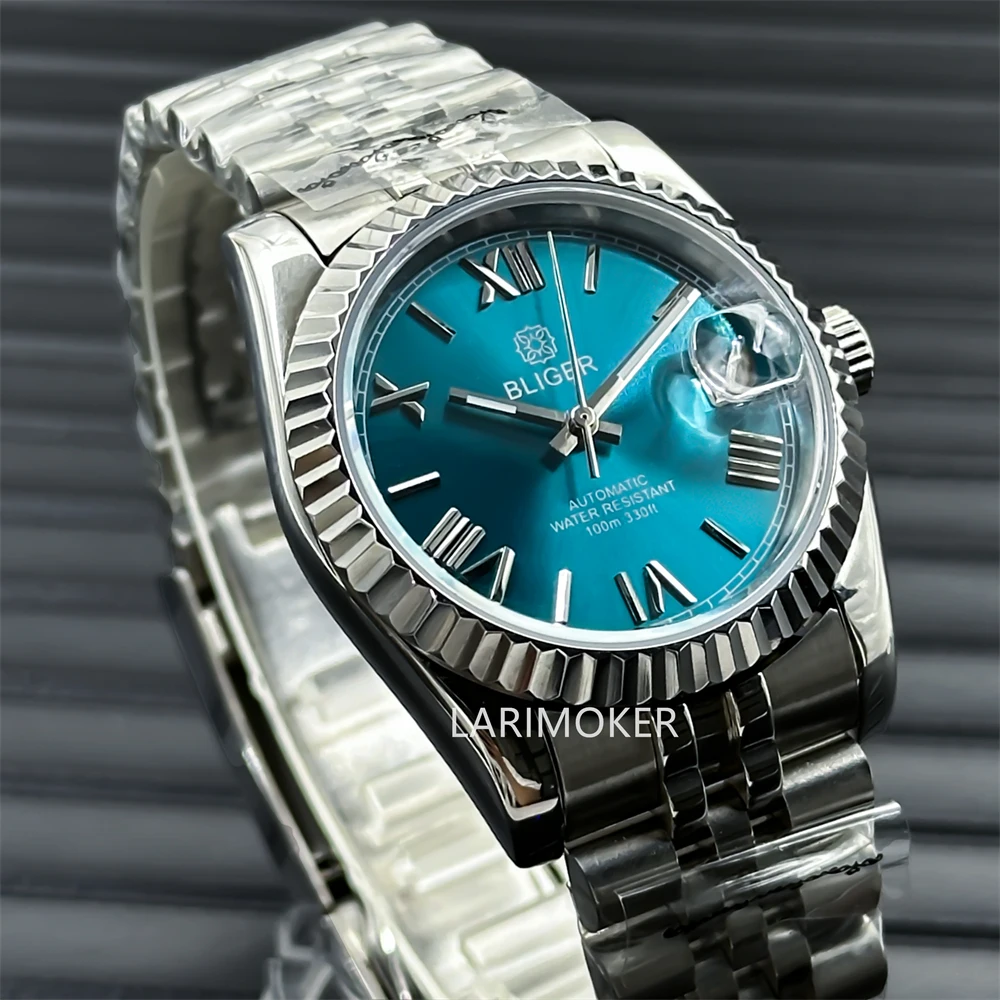 Bliger-Men's Sapphire Glass Bracelet, recesso bisel, Roman Index, Sun Dial, Jubileu de Prata, NH35A, 36mm, 39mm