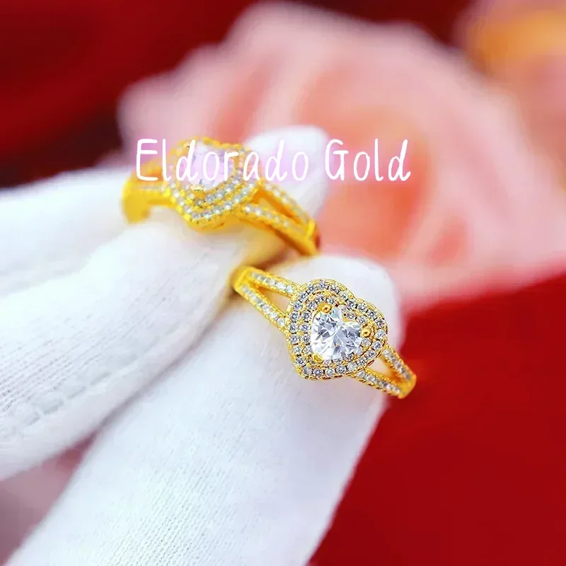 

Eldorado Gold 9999 Real Gold 24K Micro-inlaid Japanese and Korean Zircon Diamond Ring, Women's Love Zircon Love Women's Ring