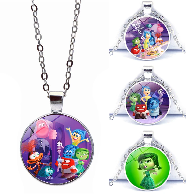 Disney Anime Figure Inside Out 2 Glass Necklace Cabochon Cartoon Pendant Silver Plated Chain Jewelry Accessories Christmas Gift