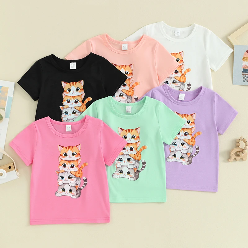 

Tregren 1-8Years Kids Summer T-Shirts Cartoon Cat Print Short Sleeve Round Neck Graphic Tops Tees for Toddler Infant Boys Girls