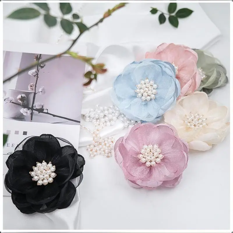5 Stücke Nähstoff 3D Chiffonblume Chiffonperlen Zentrum Künstliche Blume Schuhdekoration Gebrannter Rand DIY Nähapplikation – Detail 3