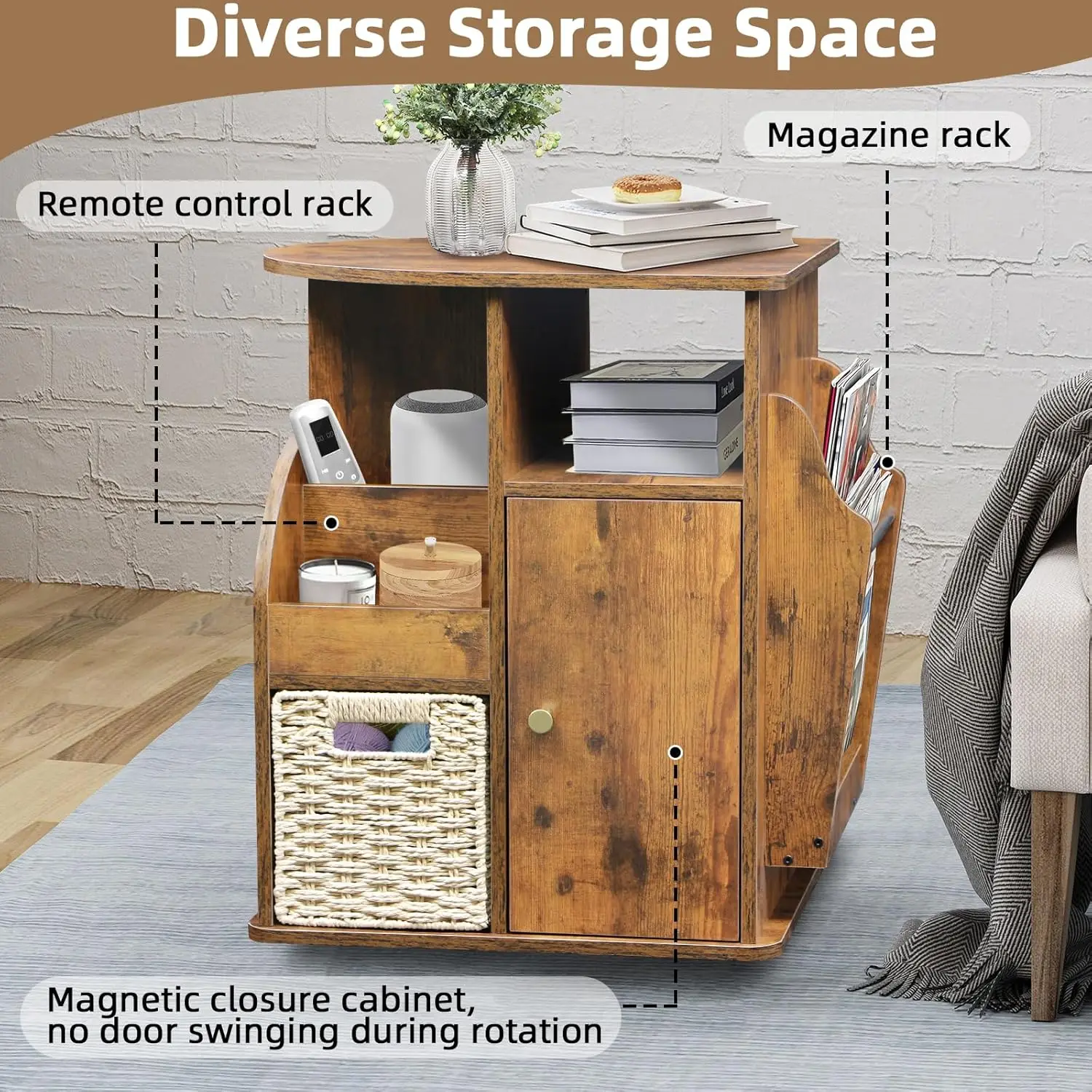 Rotating End Table with Storage, Side Table for Living Room, Magazine Holder & Cabinet, Farmhouse Style Rustic Brown