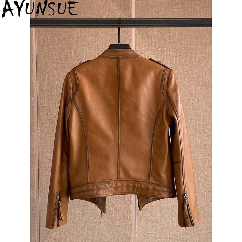 AYUNSUE 100% 천연 양가죽 여성 재킷 2025 겨울 및 봄 짧은 모터사이클 재킷 여성 의류
