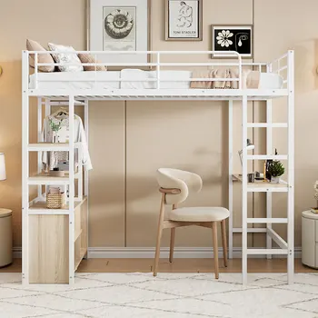 2024 Bunk bed with desk, with power outlet and USB, several shelves, locker, ladder, iron rack, 90*200cm no mattress