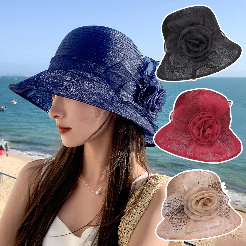 1pc Summer New Organza Flower Pot Hat Women\'s Elegant Outdoor Sunshade Cap Fashion Causal Large Brim Bucket Fisherman Hat