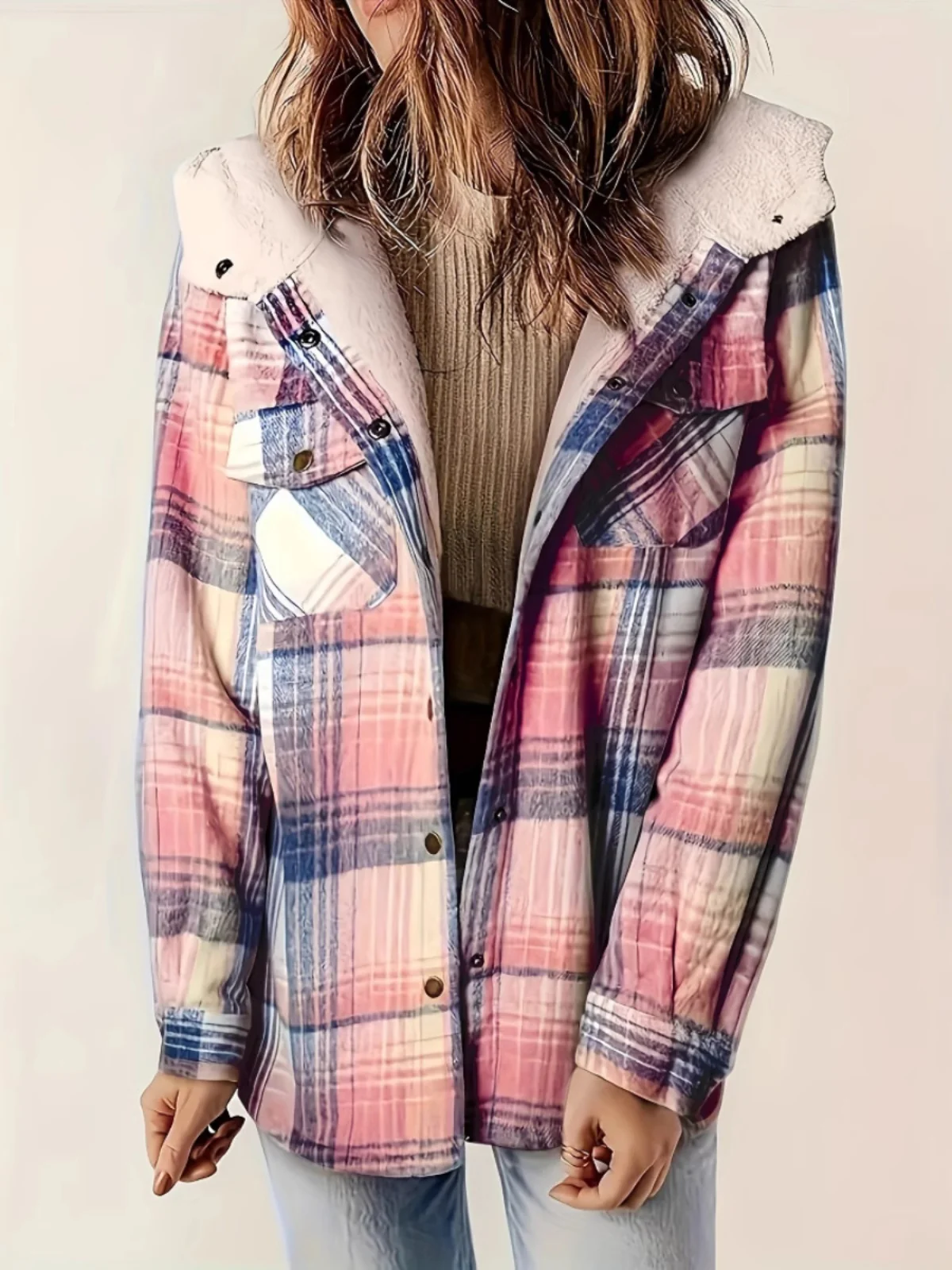 

Женское пушистое термопальто в клетку Jaet с капюшоном, теплое уличное длинное свекло, застежка на одной пуговице, новое полиэфирное волокно