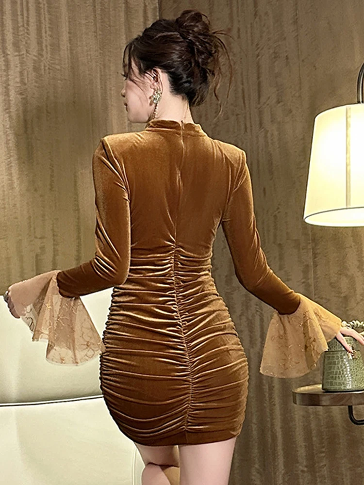 Vintage Sweet Qipao Sheer Lace Mini Dress Women Elegant Long Sleeve Bodycon Gown Female Sexy Date Party Vestidos Club Cheongsam