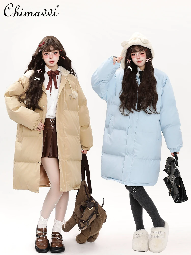 Lazy Casual Style Sweet Cute Girl Warm Hooded Cotton Padded Coats Straight Loose Thickened Warm Long Jackets Women Winter