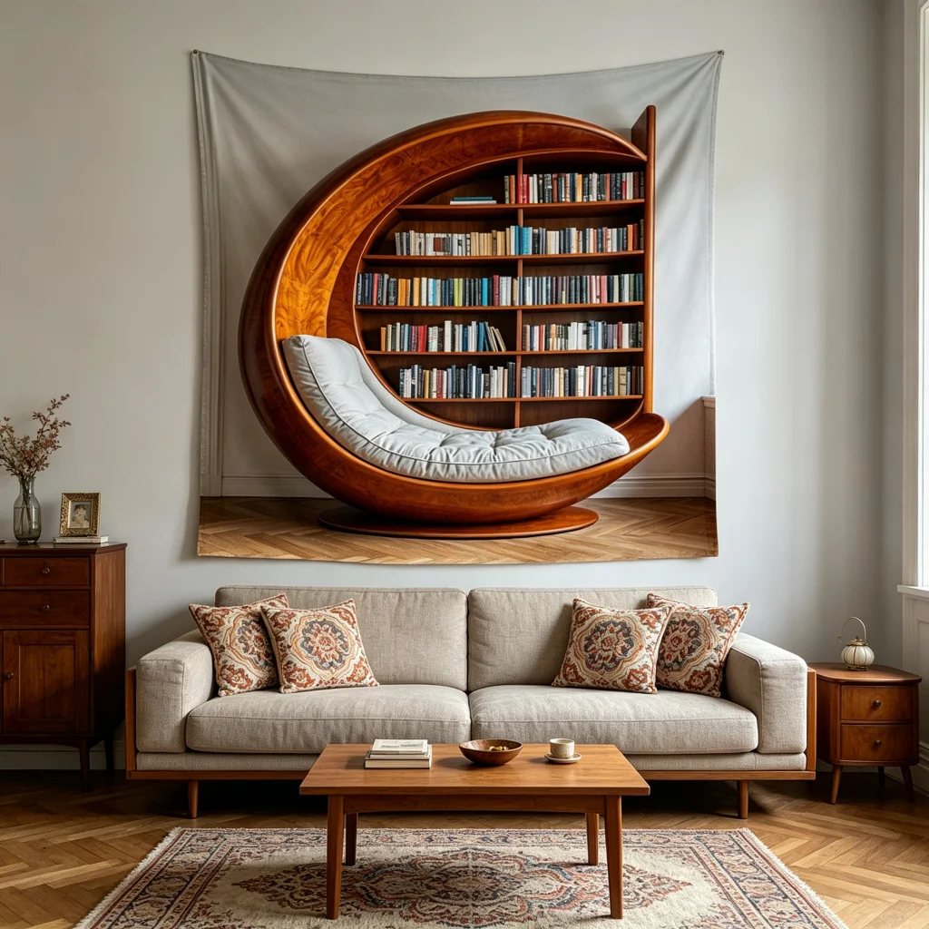 1PC Round Bookshelf Sofa Art Print Backdrop Banner, Bedroom Living Room Photo Background, Polyester, Home Decor, Wall Art