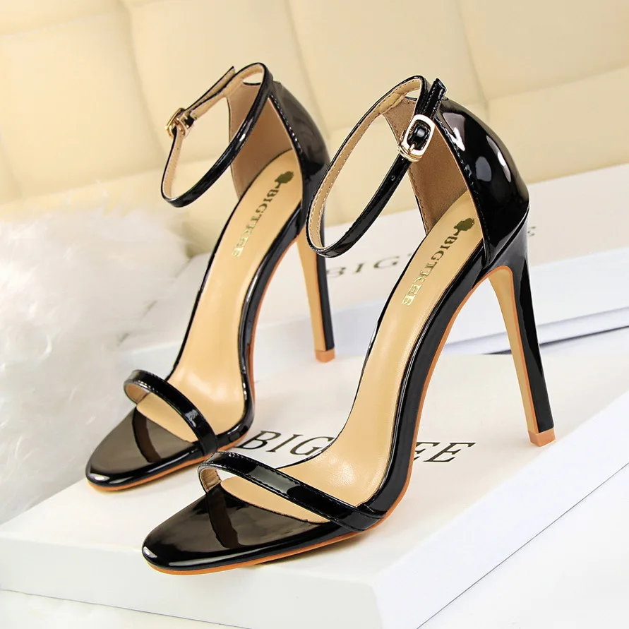 Women Pumps Style Fashion Simple Open Stripe Slim High Middle Heels Lacquer Leather Sexy Women's Sandals Ladies Wedding Shoes