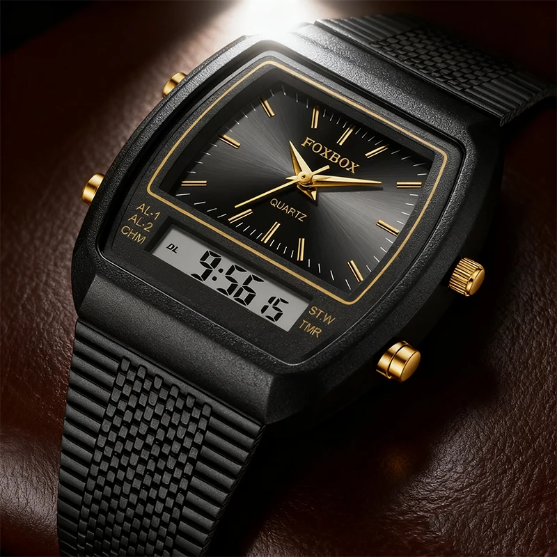 

FOXBOX Top Luxury Men Watches Double Display Waterproof Quartz Military Digital Watch Fashion Vintage Watch For Man Reloj Hombre