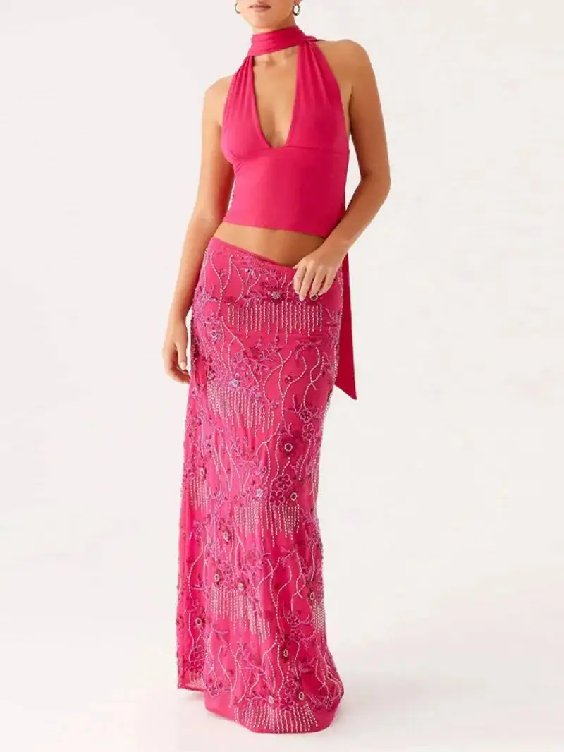 Seksowna długa spódnica z koralikami i cekinami, damska, jednolita, z niskim stanem, dopasowana, prosta, letnia, elegancka, idealna na wakacje na plaży, model JO6M