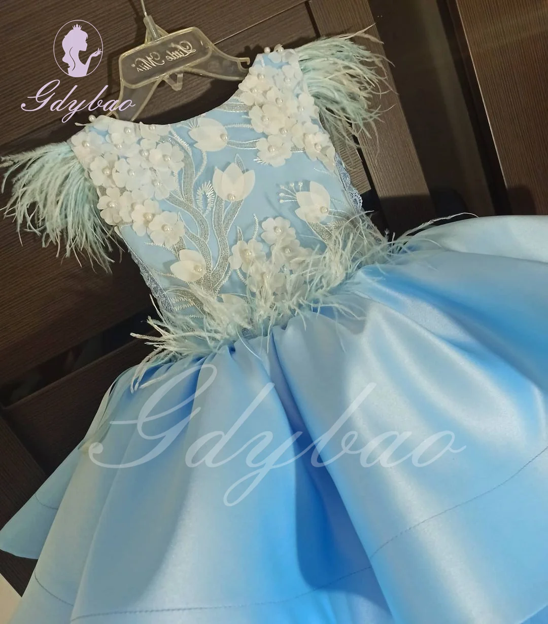 Blue Puffy Flower Girl Dress For Wedding Satin Applique With Bow Kids Birthday First Communion Princess Baby Ball Gowns