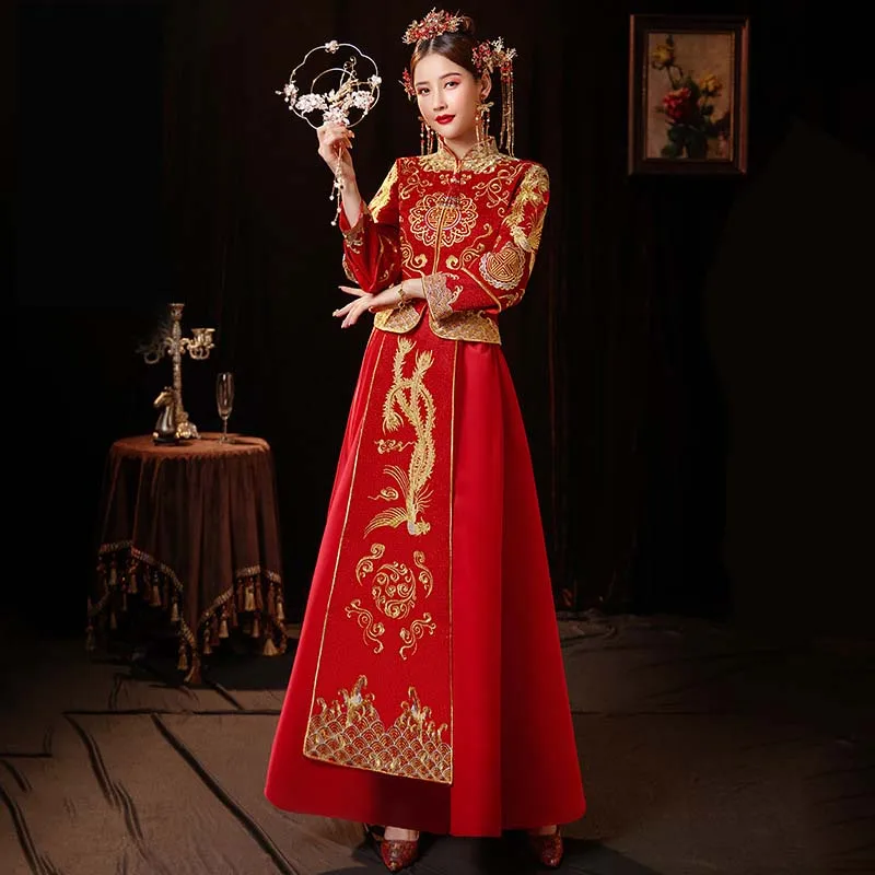 

Xiuhe Traditional Chinese Marriage Dress Bridal Wedding Long Satin Qipao Classic Vintage Fashion Elegant Cheongsam Plus Size