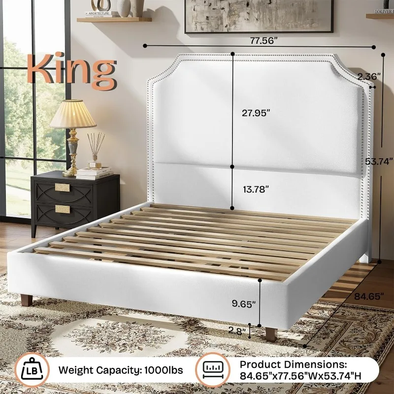 King Bed Frame Upholstered Platform Bed with 54