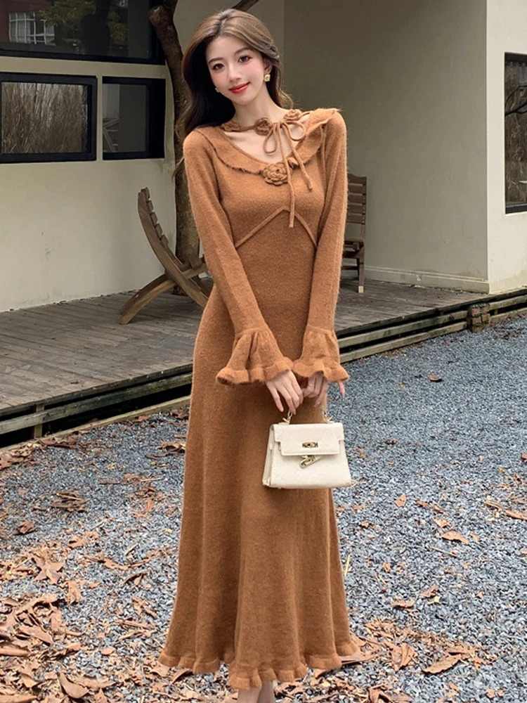 French Elegant Knitted Maxi Dress Women Clothing Chic Sweater Hook Flower Bandage Ruffles Long Robe Holiday Party Street Vestido