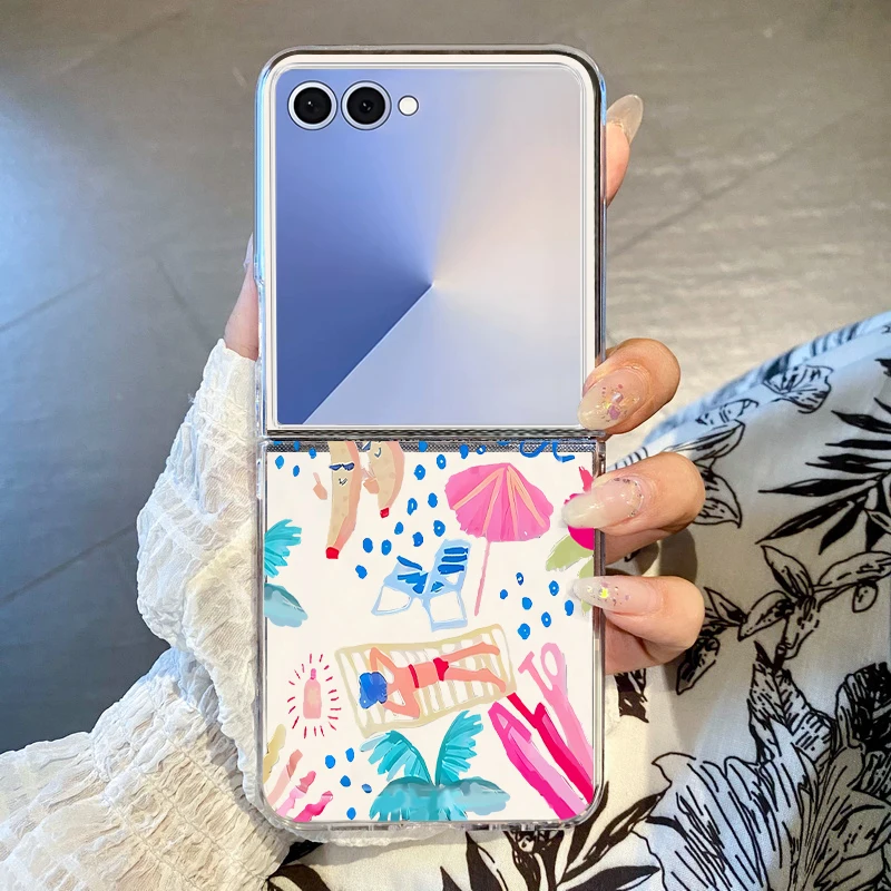 Cartoon Meer Landschaft Muster Telefon Fall Für Samsung Galaxy Z Flip 7 FE 6 5 4 3 Harte klare Klapp Abdeckung Für Samsung Z Flip7