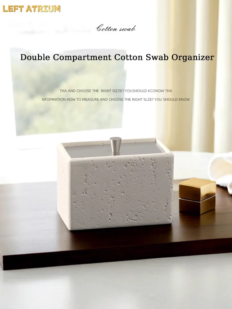 Retro Double Compartment Natural Marble Cotton Swab Storage Box, Household Toothpick Organizer, Living Room Desktop Organizer