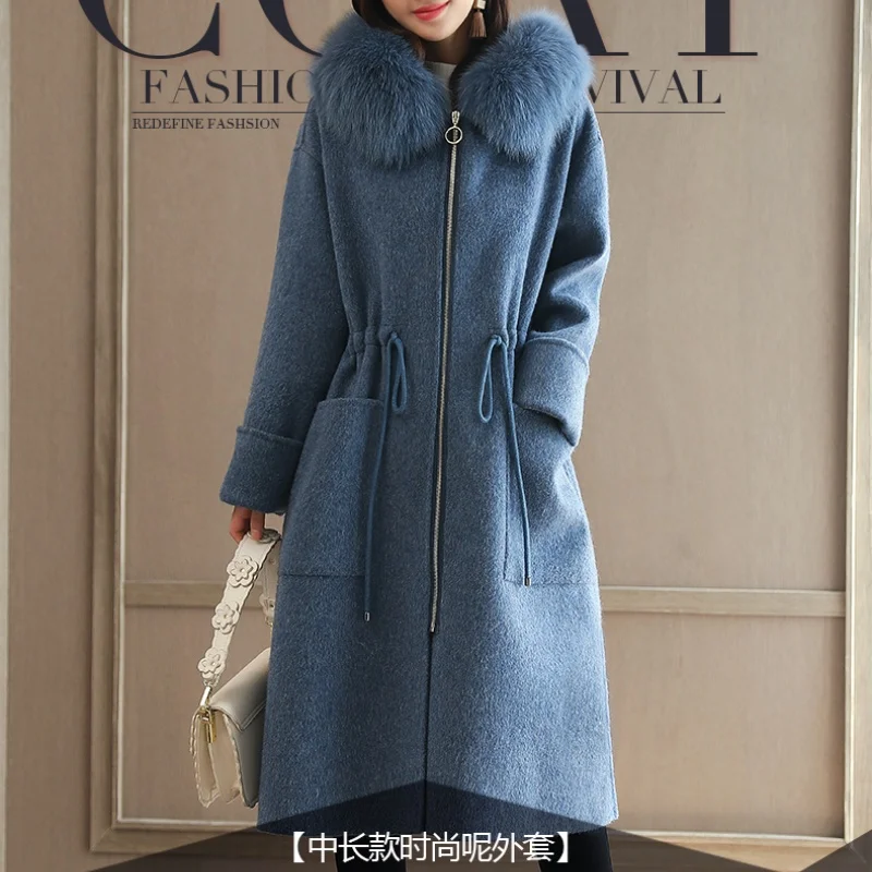 Wool Blends Women Coats Woolen Collar Hooded Trench Fur Collar Coat Zip Tie Side Split Coat Winter Clothes For Women S-3XL